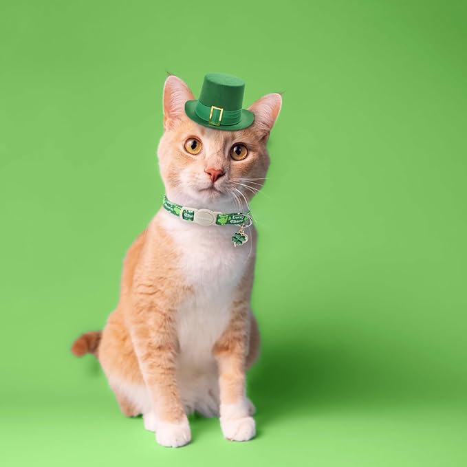 Lionet Paws 2pcs Pack St. Patrick Cotton Cat Collar,Breakaway Buckle with Clover and Bone Stick Cute Adjustable Green Cat Kitten Collar,Ideal for Girl Cats Boy Cats