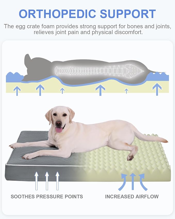KSIIA Extra Large Dog Bed for Crate Pad Waterproof Dog Bed with Removable Washable Cover, Egg Crate Foam and Non-Slip Bottom, 47x29 Inch, Dark Gray