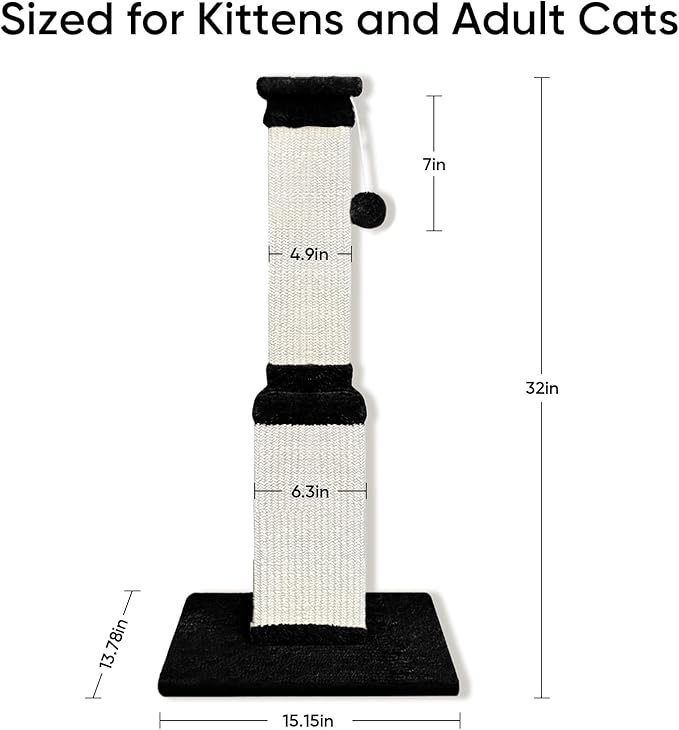 AGYM Cat Scratching Post, 32 Inch Cat Scratching Posts for Large Cats, Scratching Posts for Indoor Cats Adults, Cat Scratch Post with Nature Sisal, Black and White