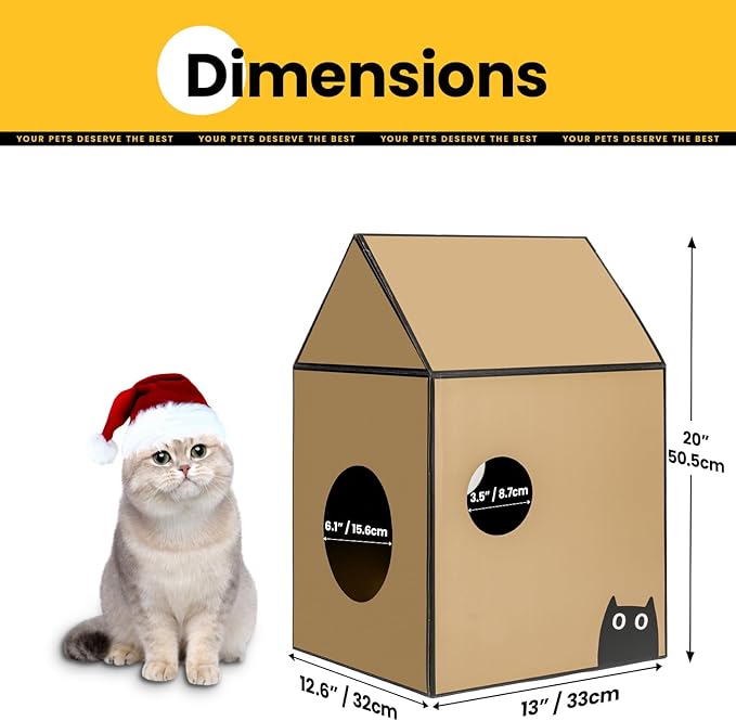 Cardboard Cat House with Scratch Pad & Catnip, Cat Play Scratching House for Indoor Hideaway Furniture, Heavy Duty Sturdy Cardboard Scratcher, Easy to Assemble Birthday Gift, Medium