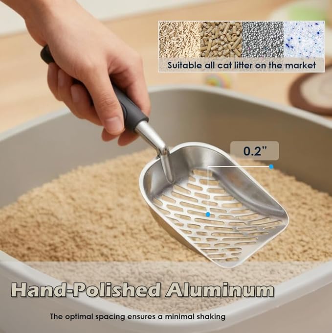 Heavy-Duty Metal Cat Litter Scoop with Holder, Aluminum Cats Litter Scooper Captures All Clumps, Kitty Metal Scooper and Holder (White)