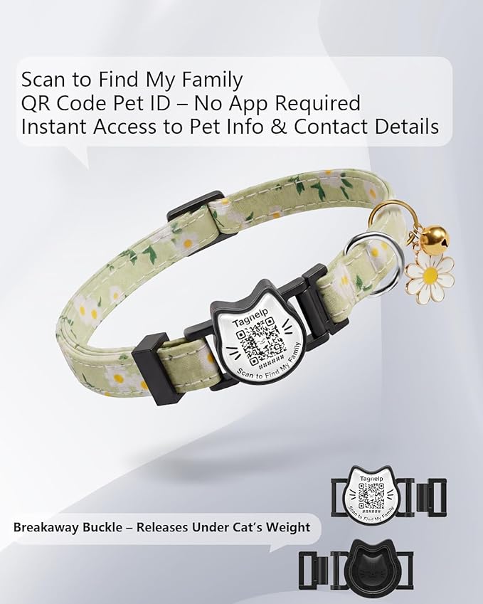 QR Code Cat Collar with Breakaway Safety Buckle, Adjustable Cotton Kitten Collar with Bell, Online Pet Profile Scan ID Tag for Lost Cats,Flower Pendant(Green)