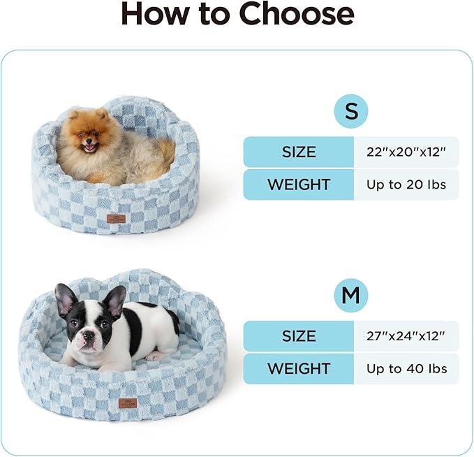 Joydeco Cloud Dog Bed for Small Dogs & Cats, Washable Pet Bed with Orthopedic Foam and Removable Checkered Plush Pad, Non-Slip Bottom for Indoor Puppies and Kittens, 27x24 Inch, Light Blue