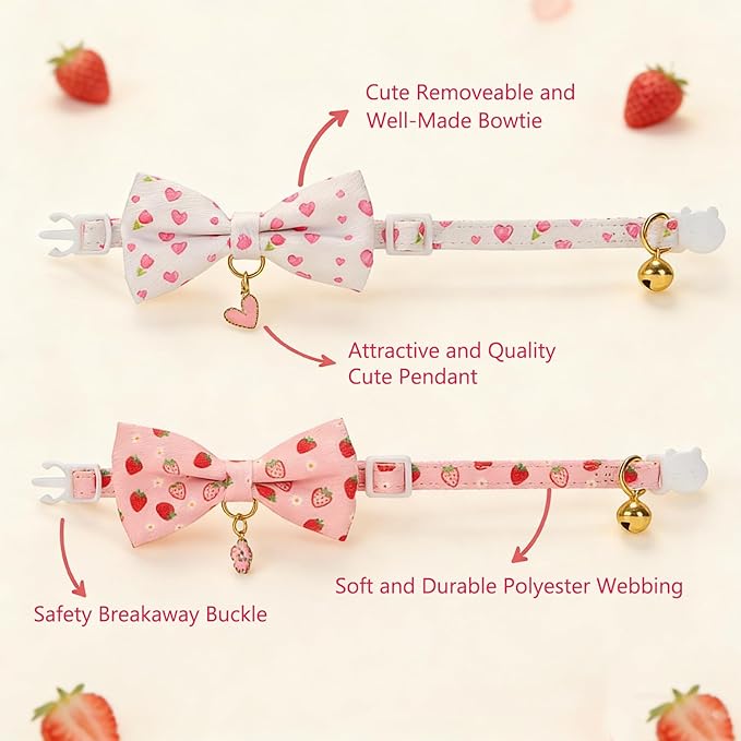 2 Pack Floral Cat Collars with Bow Tie and Bell Adjustable Breakaway Bowtie Cute Kitten Collar(White Heart & Pink Strawberry)