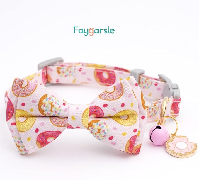 Faygarsle 2 Pack Cute Breakaway Cat Collar With Bell and Bowtie for Male Female Cats - Soft Fancy Pink Purple With Ice Cream Doughnuts Pattern - Summer Collar for Boy Girl Cats