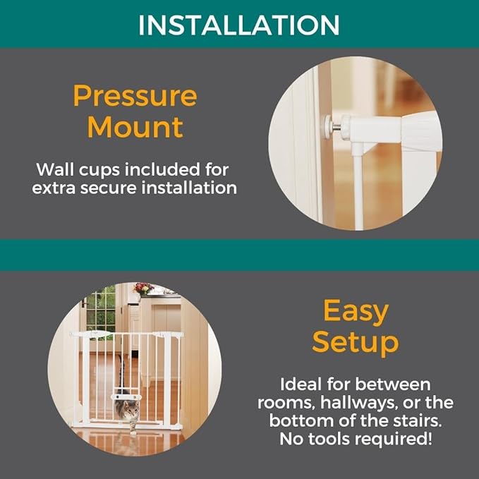 MYPET North States Wide Walk Thru EasyPass Pet Gate with Patented Adjustable pet Door: 29.75-37.5" Wide Dog Gate. Pressure Mount, No Tools Needed. Dog Gates for The House, 30" Tall, White