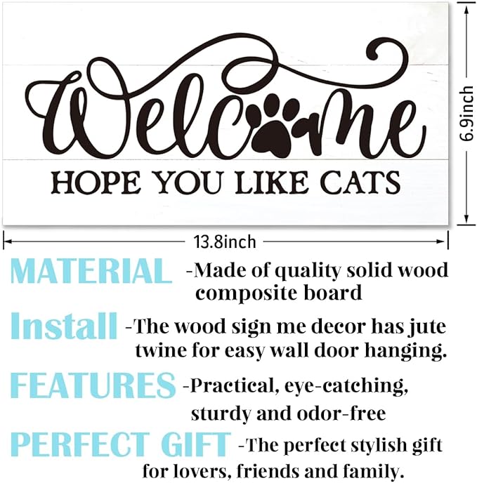 Welcome Sign for Front Door, Welcome Decor Wooden Hanging Sign for Cats Lover, Hope You Like Cat, Rustic Funny Wooden Outdoor Front Door Hanging Decoration 13.8X6.9 inches