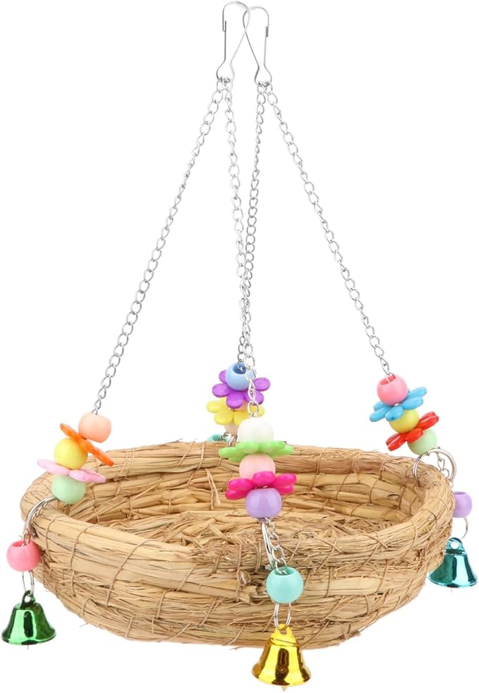Hypeety Natural Handwoven Straw Nest Bed Large Bird Swing Toy with Bells for Parrot Cockatiel Parakeet African Grey Cockatoo Macaw Budgie Canary Lovebird Cage Perch (A)