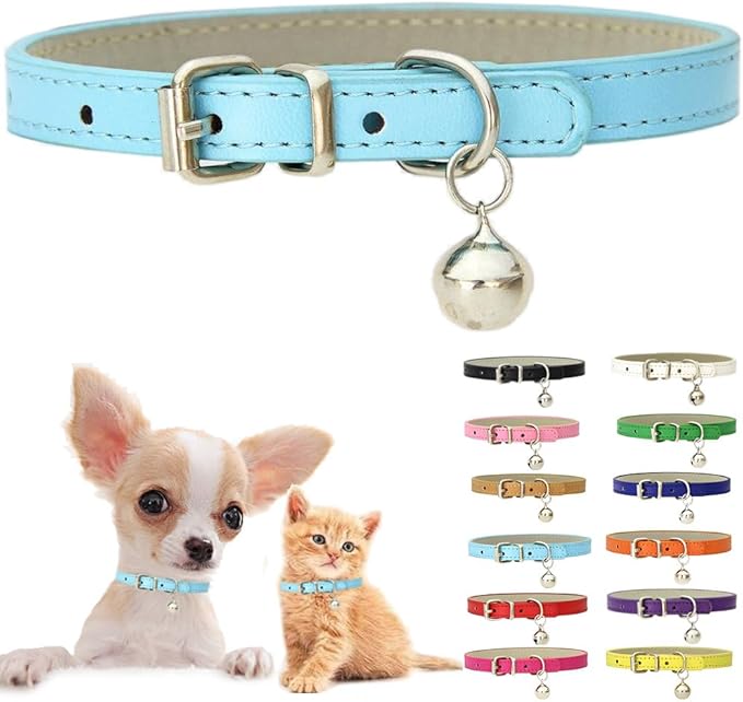 Blue Puppy Collar with Bell, Soft Pu Leather Cat Collars Adjustable Buckle for XXS XS Extra Small Medium Tiny Female Male Boys Girls Pets Dogs Kitten Teacup Yorkie S