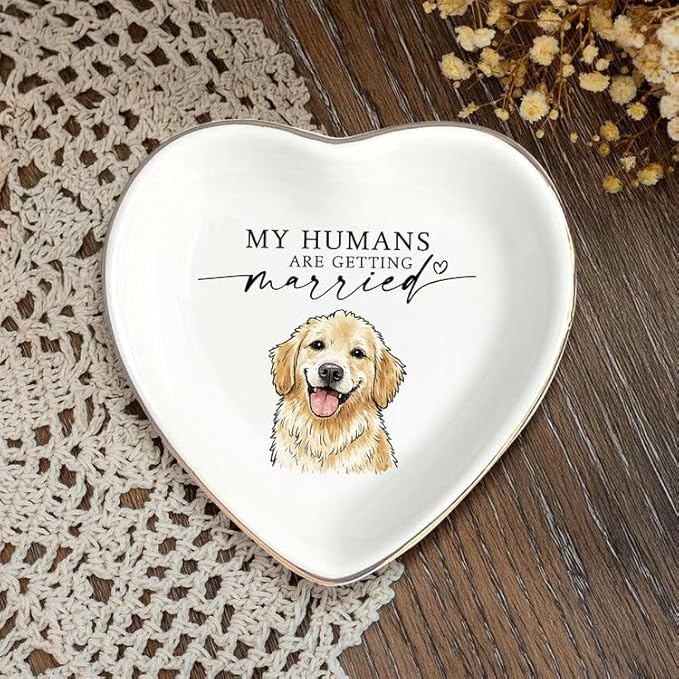 Gossby Custom Pet Portrait Watercolor Heart Ring Dish - Personalized My Humans Are Getting Married Ceramic Jewelry Tray - Engagement, Wedding Gift for Fiancee, Bride, Newlyweds, Couple, Dog Lover