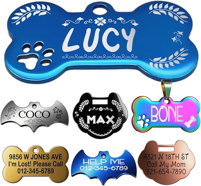 Stainless Steel Personalized Pet ID Tags, Art Design for Dog Tags, Cat Tags, Customized and Engraved on Both Sides of ID Tag, in Black, Silver, Blue, Gold, Rose Gold and Rainbow Color