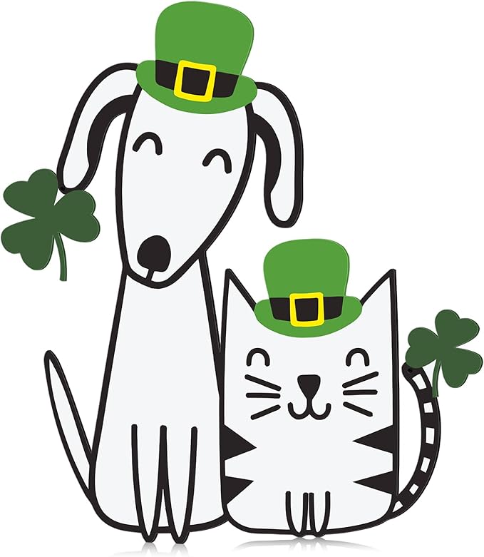 Fiwochic St Patrick's Dogs Cat Decorations Metal Shamrock Wall Art Irish Pet Hanging Signs Farmhouse Rustic Irish Clover Green Decor Gift for Front Door Porch Hallway Outdoor Garden 15.8 x 12 Inch