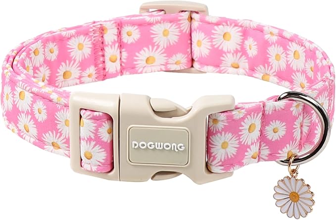 DOGWONG Flower Dog Collar-Daisy Flower Print Girl Dog Collar for Large Cute Dog Collars Spring Female Pet Gift Adjustable Heavy-Duty Soft Collar，M