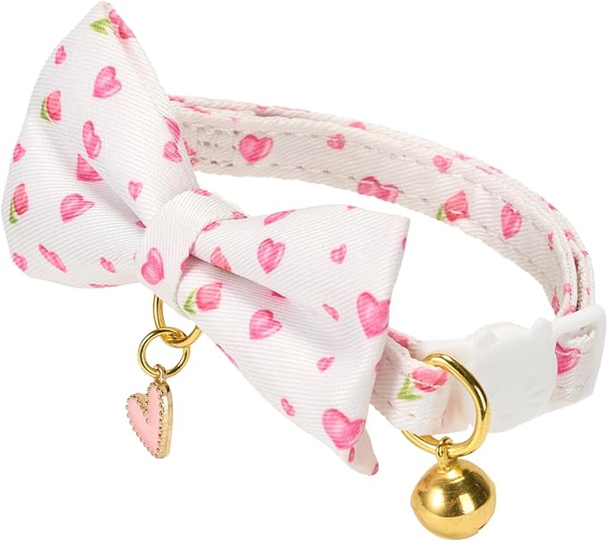 2 Pack Cat Collars, Removable Bowtie, Floral Pattern, Safety Breakaway Clasp, Adjustable for Cats.(Adult Cat, Pink Strawberry and White Heart)