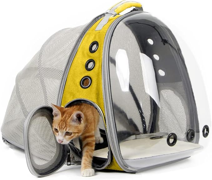 Expandable Cat Backpack Carrier, Fit up to 12 lbs, Space Capsule Astronaut Bubble Window Pet Backpack for Kitten, Bunny, Rabbit and Small Puppy Yellow