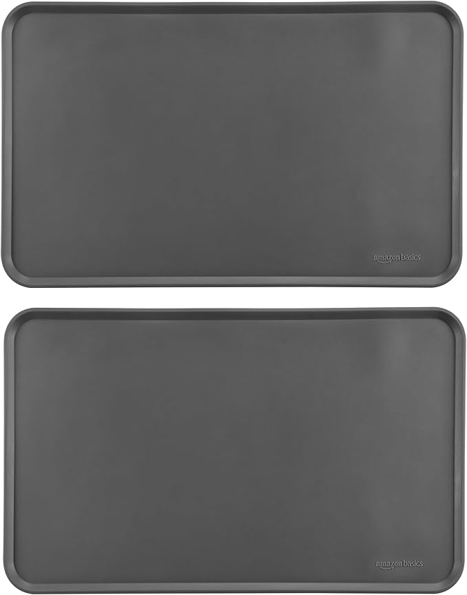Amazon Basics Waterproof Non-Slip Silicone Pet Feeding Mat with Raised Edges, Prevents Spills, Easy to Clean, Protects Floors for Cat & Dog Food and Water Bowls, 18.5 x 11.5 Inches, Gray, 2-Pack