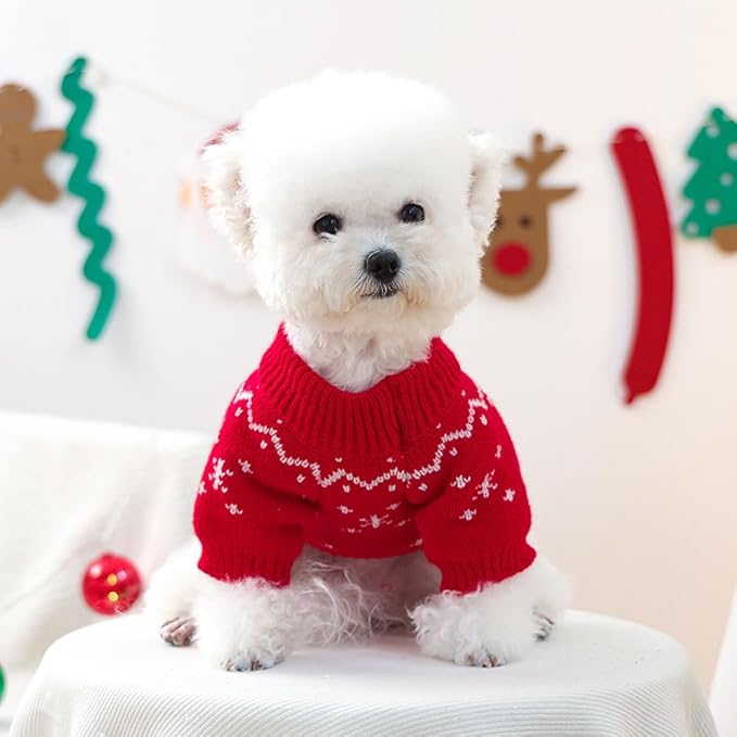 Christmas Dog Outfit Red Puppy Sweater for Small Dogs Girl Boy Elk Snowflake Cat Knitwear Reindeer Knitted Pet Clothes Santa Deer Costume for Chihuahua Yorkie Poodle (Red-2, X-Large)
