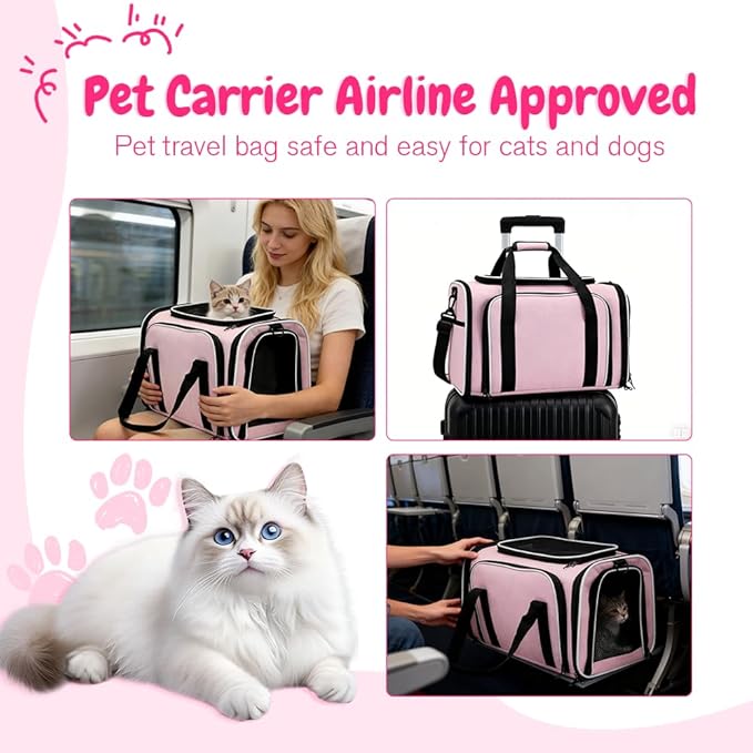 Double Expandable Cat Carrier,Airline Approved Soft-Sided Pet Travel Carrier for Small Dogs Cats under 15 lbs,Waterproof 600D Oxford Fabric with Washable Replacement Liner,Odor-Free & Claw-Proof(Pink)