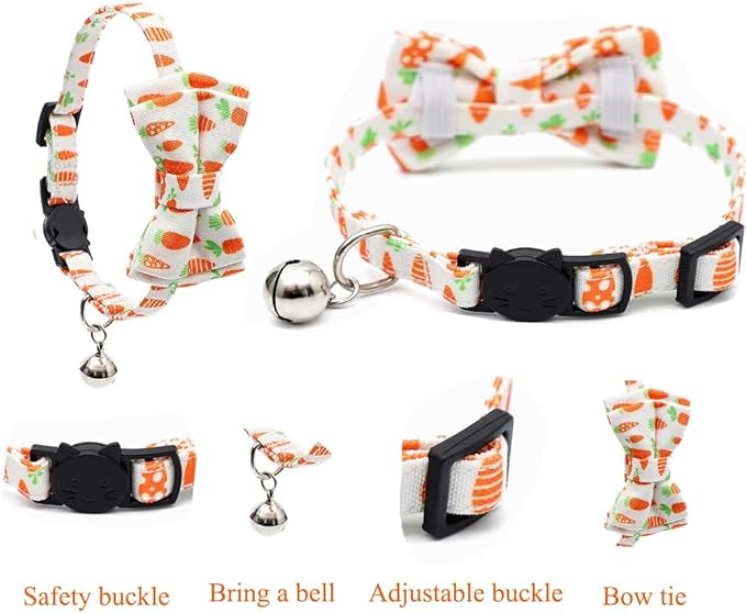 2-Pack Breakaway Cat Collars with Removable Double-Layer Bow Tie and Bell for Boy and Girl Cats,Safety Kitten Collars Suitable for Festivals and Daily. (Easter cat Collar style1)