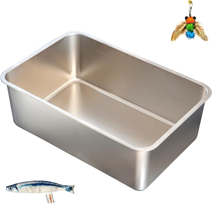 XXL Stainless Steel Cat Litter Box, Includes Catnip Fish Toy & Wand Feather Toy Refill, Extra-Large Metal Litter Pan for Big Cats & Multi-Cat Homes, Pet Toilet Supplies for Kitten