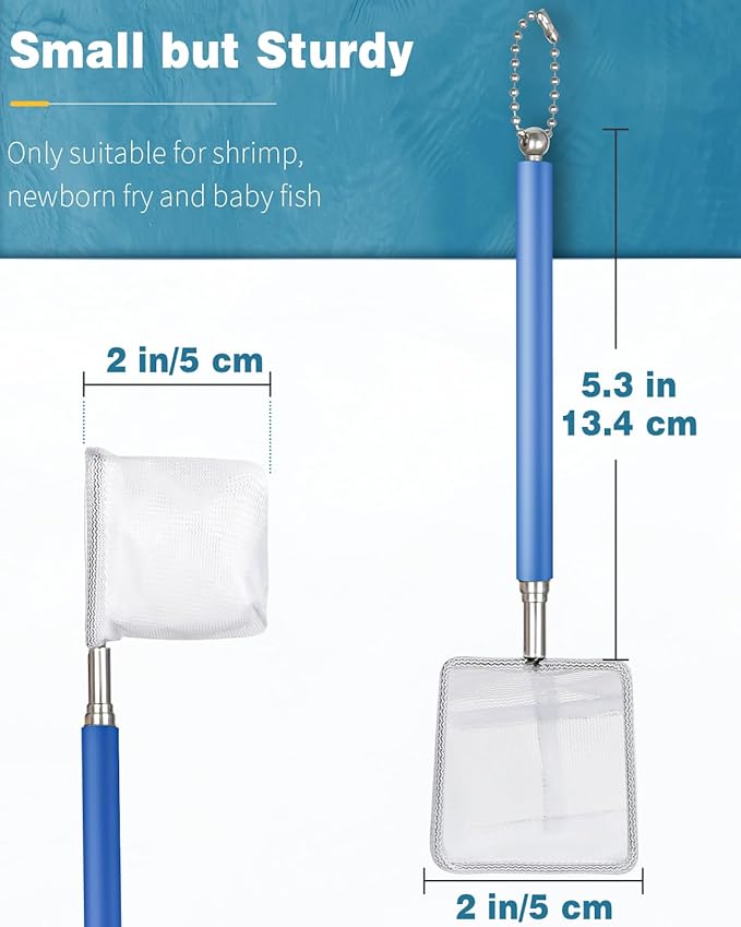 Pawfly 2 Inch Aquarium Shrimp Net with Extendable Stainless Steel Handle, Tiny Fish Tank Net for Shrimp Baby Fish or Food Residue Debris, Soft Round Fine Mesh