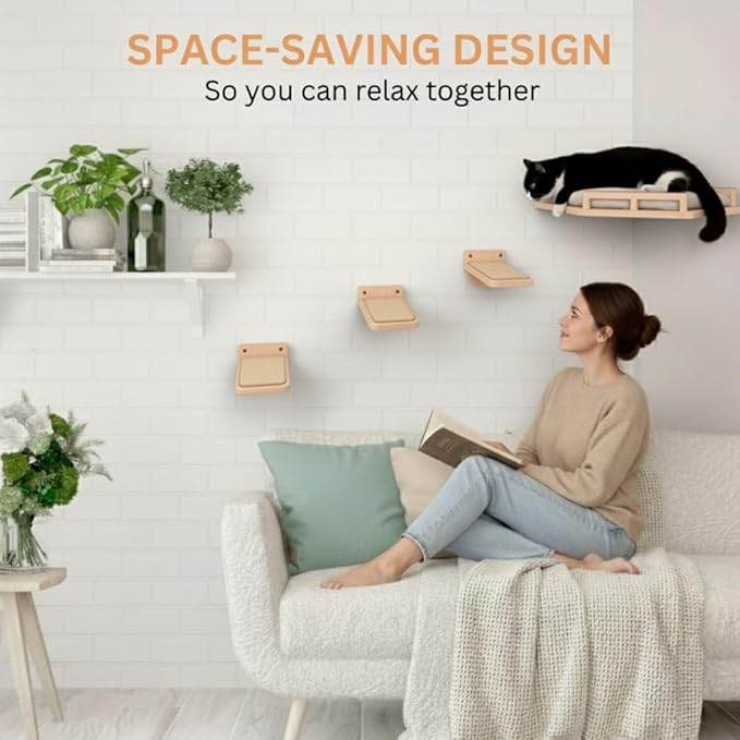 INICIO Cat Wall Shelves - Safe and Sturdy Cat Wall Furniture - Stylish Corner Shelf with 3 Steps for Cats up to 15lbs - Cushioned Perch and Stairs for Climbing and Playing - Natural Wood