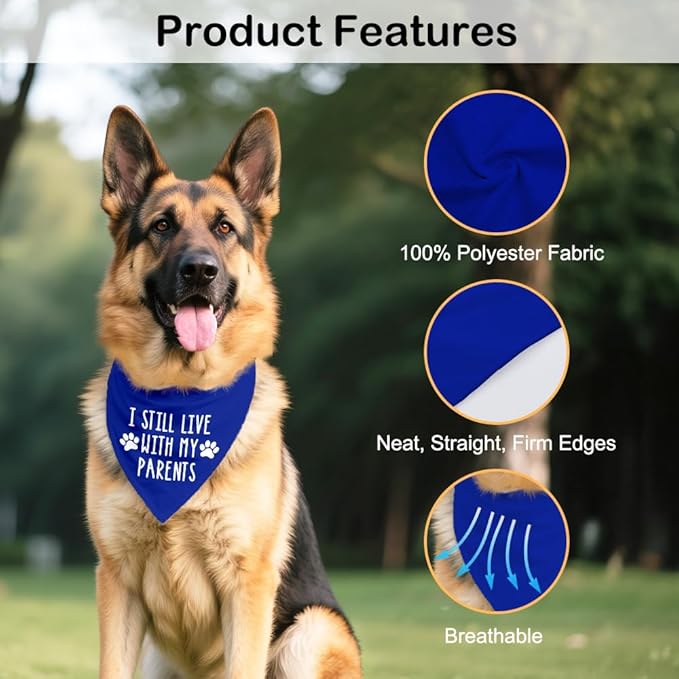 I Still Live with My Parents Blue Dog Bandana, Humor Gifts for Puppy Lover, Christmas Birthday Father's Day for Dog Mom Dad, Funny Pup Scarf Photo Prop for Holiday