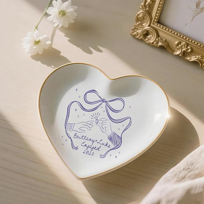 Custom Engaged Ring Dish - Personalized Bow & Rings Exchange Illustration Jewelry Tray, Engagement Trinket Holder Dish, Gifts for Newly Engaged Couple, Bride, Wife, or Bestie