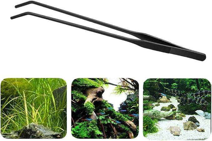 15 inch Black Curved Aquarium Tweezers Stainless Steel Curved Tweezer with Carbonation Protection Coating Against Rust Long Reptiles Feeding Tongs for Aquatic Plants Lizards Spider Snakes
