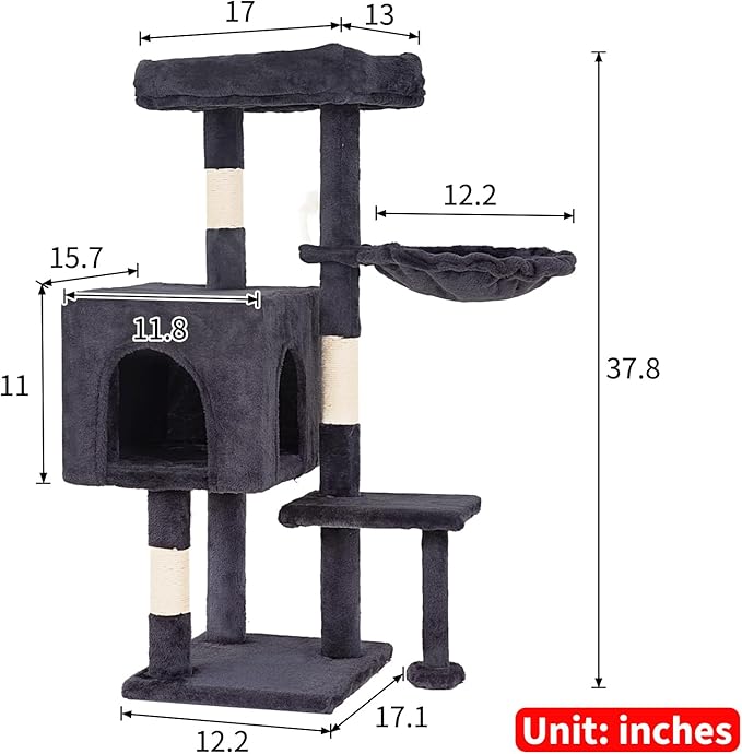 FDW | 37.8" Cat Tree Tower | Dark Gray | Multi-Level Indoor Activity Center with Sisal Scratching Posts, Condos, Plush Perches, Hanging Cat Toys | Sturdy, Easy to Assemble | for Kittens & Adult Cats