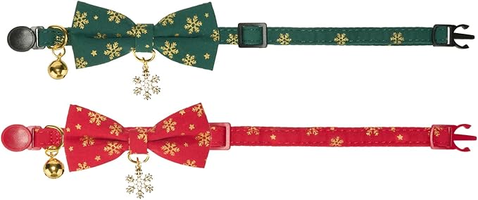 Christmas Cat Collar 2 Pack Cotton Bowtie Cat Collars Glittery Snowflakes Cute Kitten Collar(Red+Green)
