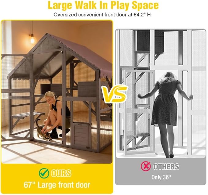 Aivituvin Large Catio Outdoor Cat Enclosure Window Design for 6-10 Cats, 74" H Walk-in Patio Cat House with 4 Access Doors, Waterproof Roof, Spacious Kitty Cage for Multiple Indoor Outdoor Cats