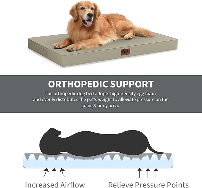 Outdoor Large Washable Dog Bed, Orthopedic Egg Crate Foam Dog Crate Mat for Large Dogs with Removable Oxford Cooling Cover, Khaki