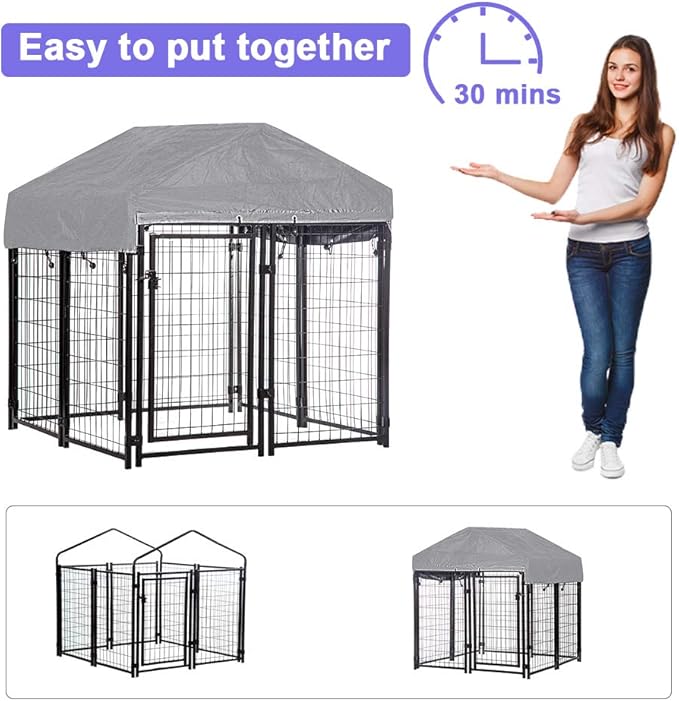 Welded Wire Dog Kennel Heavy Duty Playpen Included a Roof & Water-Resistant Cover 4'x4'x4.3'