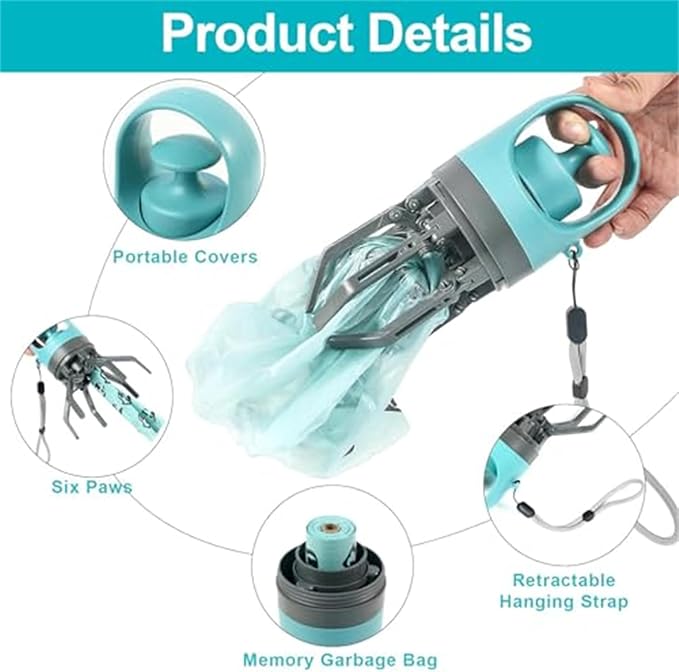 Quick Scoop Poop Scooper, Portable Dog Pooper Scooper, Easy Claw Pick up Tool for Dogs, Leak-Proof Waste Bag Holder for Outdoor Walks (Blue)
