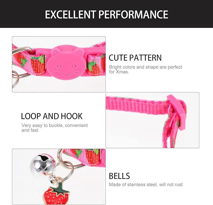 Mipcase Strawberry Printing Cat Collar with Bell Lightweight Adjustable Pet Collar for Festival Party Decoration
