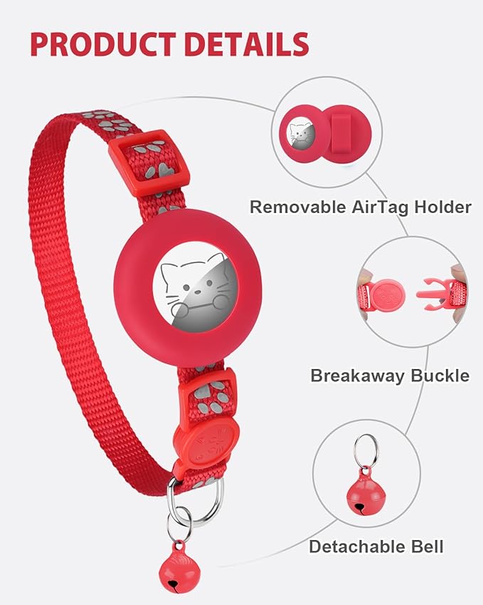 Joytale AirTag Cat Collar 2 Pack with Breakaway Safety Buckle, Reflective Cats Collar with AirTag Holder, Adjustable 7.5-12.5 Inch, Anti-Fraying Lightweight for Girl Boy Kitten, Red