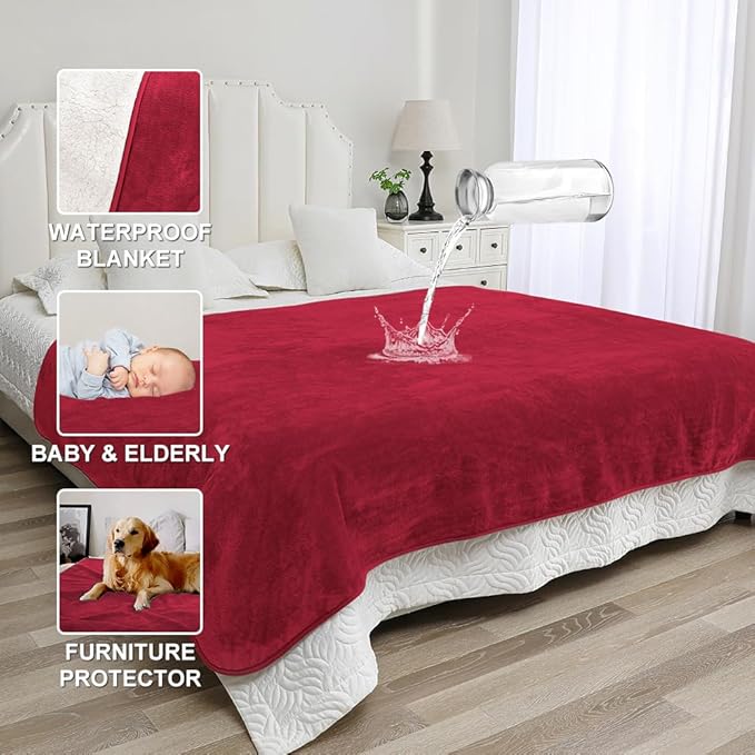 Waterproof Blanket for Beds – Ideal for Couch & Pets Splash Proof Sherpa Throw, Leakproof TPU Layer, Stain Resistant Washable Bed Protector – Burgandy, 90"x 80"