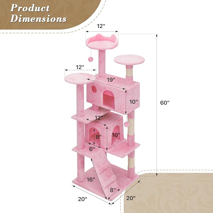 Athena Collection Cat Tree - 62" Multi-Level Cat Climbing Tower with 2 Cat Condo & Scratching Post