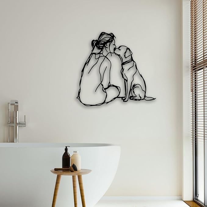 Woman Dog Metal Wall Decor - Pet Lover Room Decor Wall Art Home Decor for Living Room, Bedroom, Dining Room, Bathroom, Office, Pet Shop (Black)