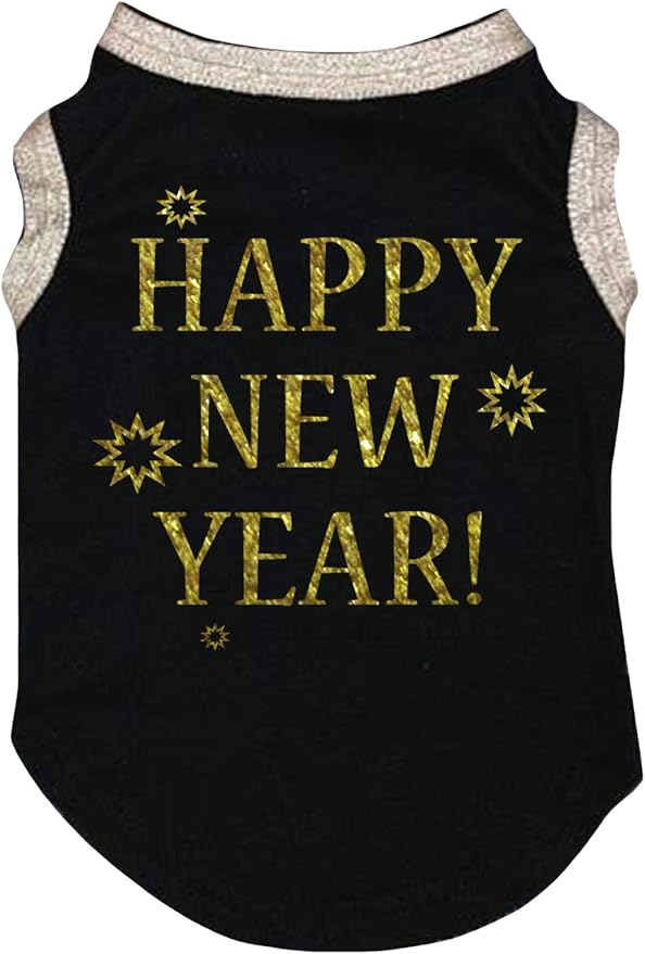 Petitebella Bling Happy New Year Puppy Dog Shirt (Black/Gold, X-Small)