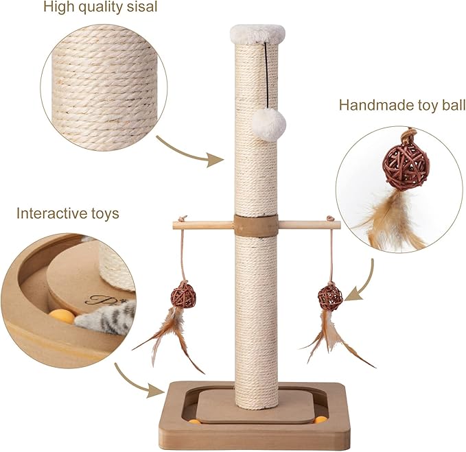 PEEKAB Cat Scratching Post Sisal Scratch Posts for Indoor Kittens and Cats,with Interactive Tracking Toys Suitable for Vertical Scratcher of Small and Medium-Sized Cats 25 Inches Beige