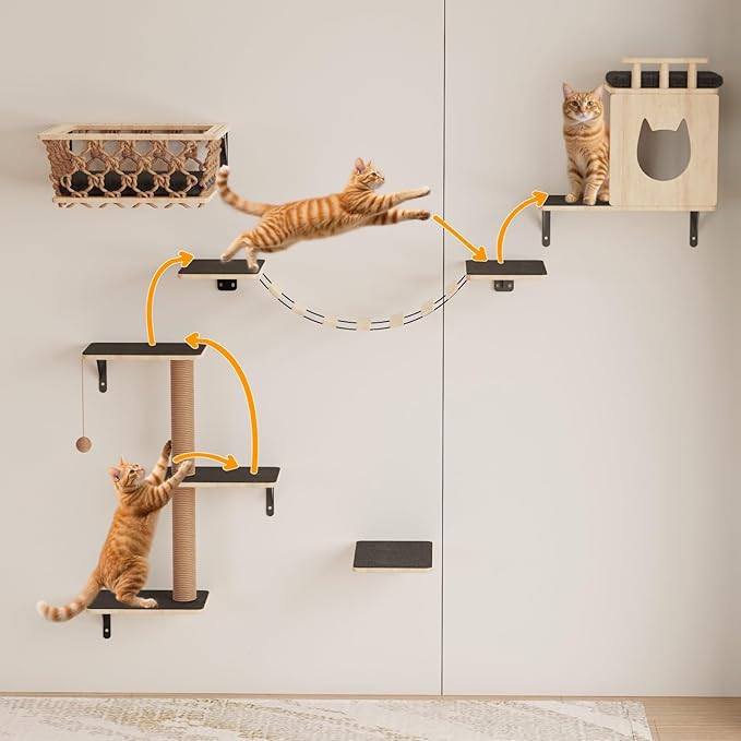 5-in-1 Cat Wall Shelves Set with Hammock, Wall-Mounted Cat Furniture Includes Condo, Bridge, Ladder & Steps for Indoor Cats, Safe & Stable (Gray)