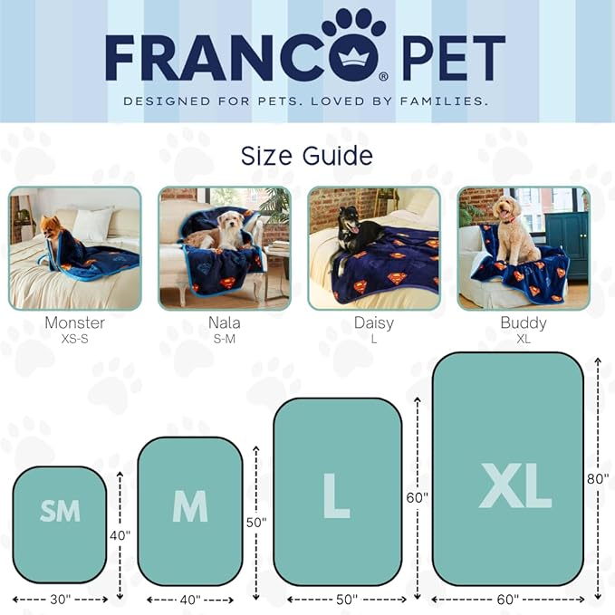 Franco Pet Superman DC Comics Super Soft Cozy Waterproof Sherpa-Backed Blanket Throw for Medium Dogs, Couch/Bed/Car, 40x50 (Officially Licensed Product)