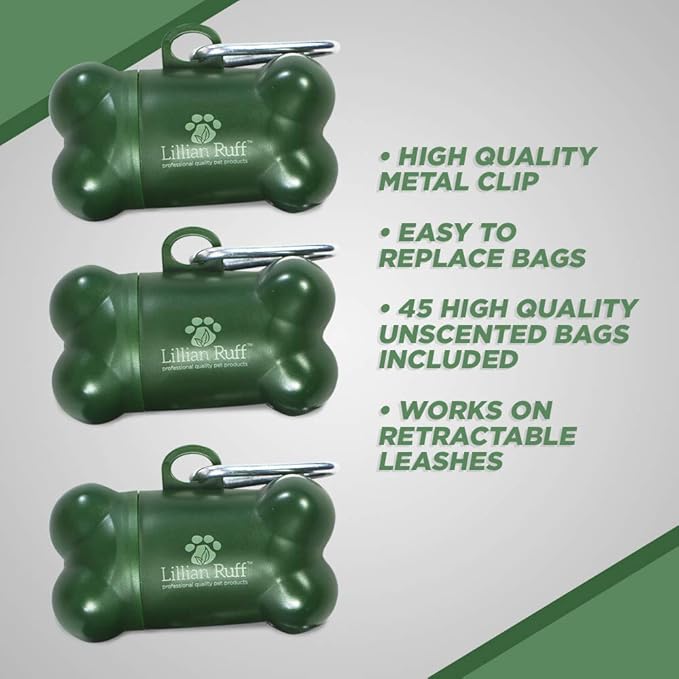 Lillian Ruff Dog Waste Bag Dispenser with Leash Clip Disposable Bag Holder for Pet Waste - 15 Leak Proof Unscented Poop Bags Included-3 Pc Pack Green