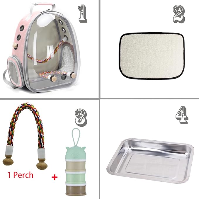 Bird Traval Carrier Cage, Clear Space Capsule Astronaut Backpack to Carry Parakeet Cockatiel Parrot with Metal Tray Bird Feeder and Wood Perch, Vet Transport Bag