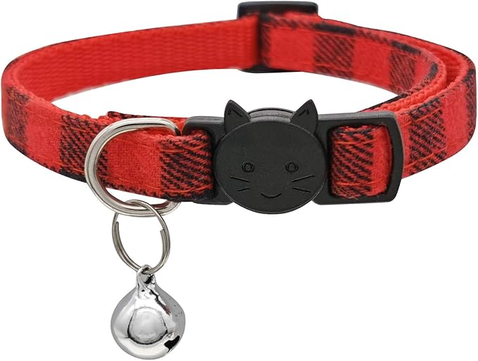 MJIYA Stylish Plaid Cat Collars with Bells - Adjustable Breakaway Kitten Collar (8-12 Inches) - Cute Collar for Girls and Boys - Pet Gift and Accessory (Red, 1 Pack)