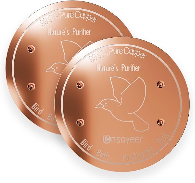 2-Pack Upgraded Bird Bath Copper Disks, 0.8mm Reinforced 99.99% Pure Copper Cleaning Disks, 4-Point Support&Concave Base for Physical Safe Clean Water, Outdoor All-Season Fit Birdbaths&Bowls