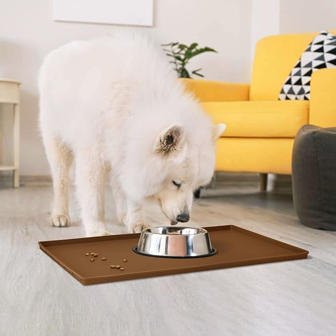 Dog Food Mat,Silicone Waterproof Food Tray,Non Slip Pet Bowl Mats Placemat,0.6" Raised Edge,Suitable for Most Small and Medium Sized Pets,24" x 16"