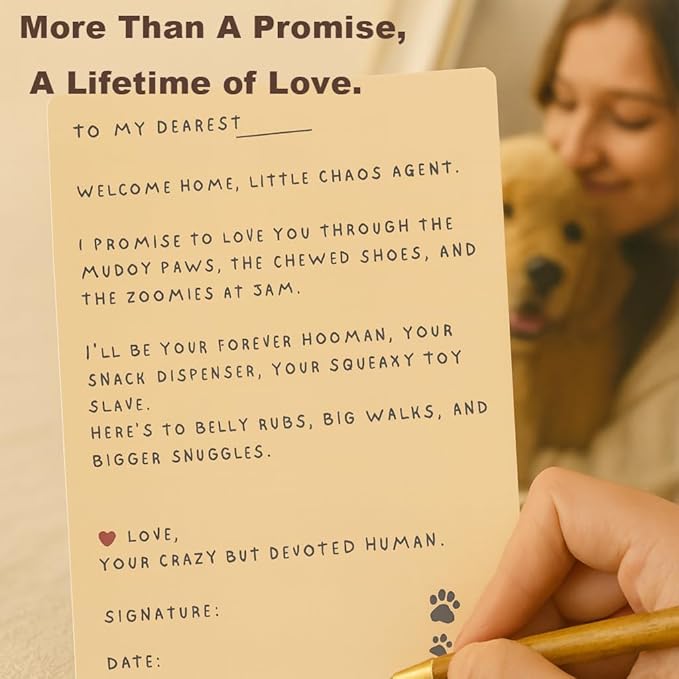 Dog Welcome Gift Box – New Puppy Starter Kit with Promise Card, Frame, Toys, Double‑Sided Bowl & Brush in Woven Basket – Dog Adoption Gift for Small Medium Dogs